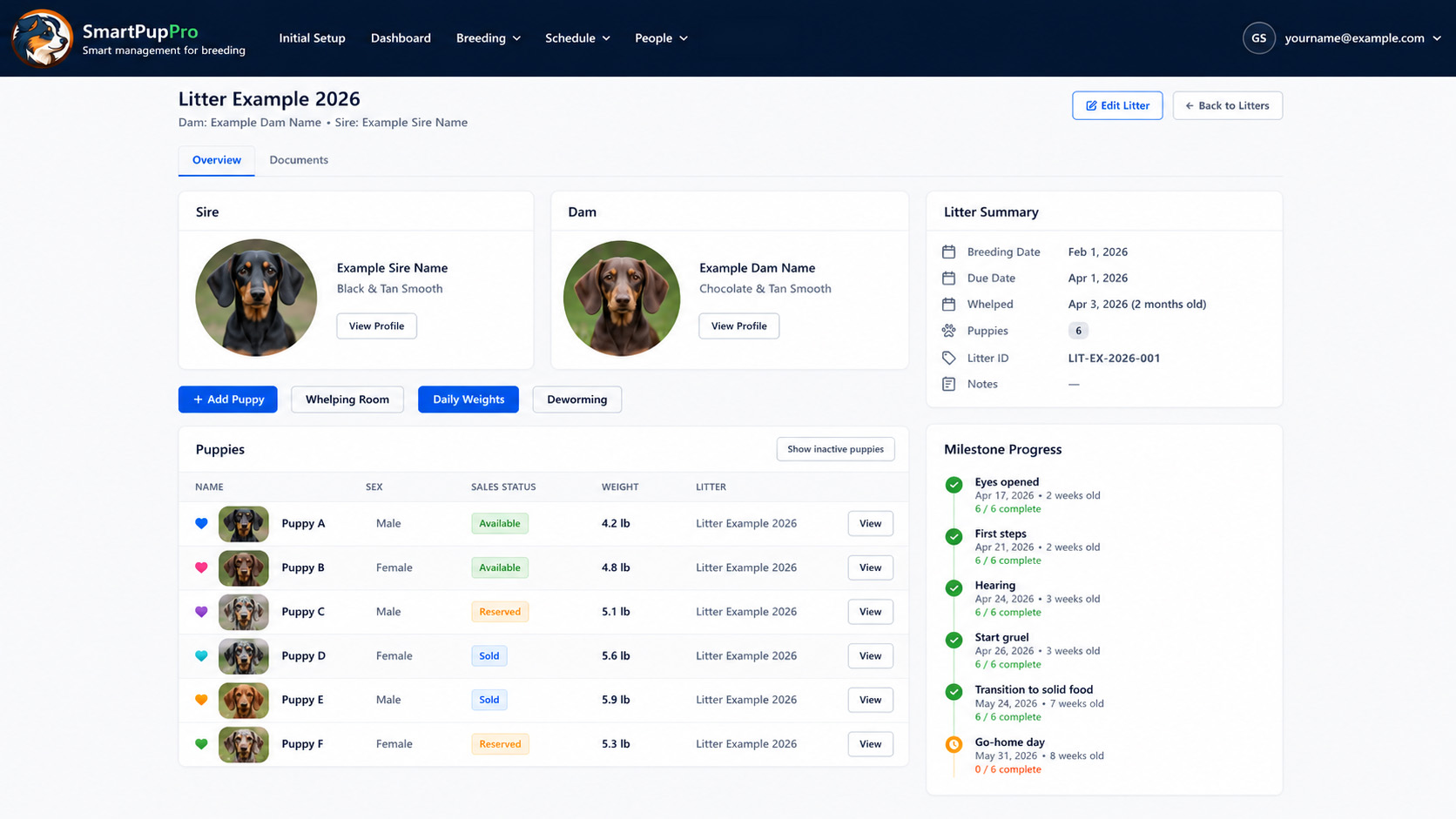 SmartPupPro litter management screen showing puppies, milestones, and litter records